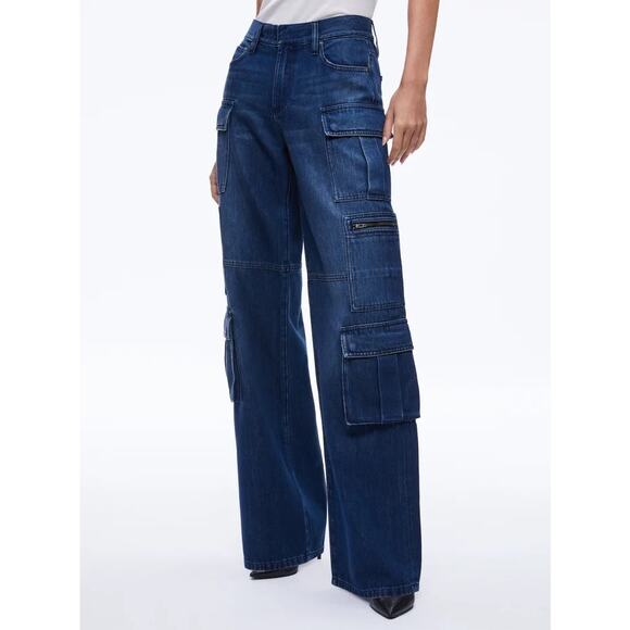 Alice + Olivia Cay Baggy Wide Leg Cargo Jeans Love Train Dark Wash Blue 26